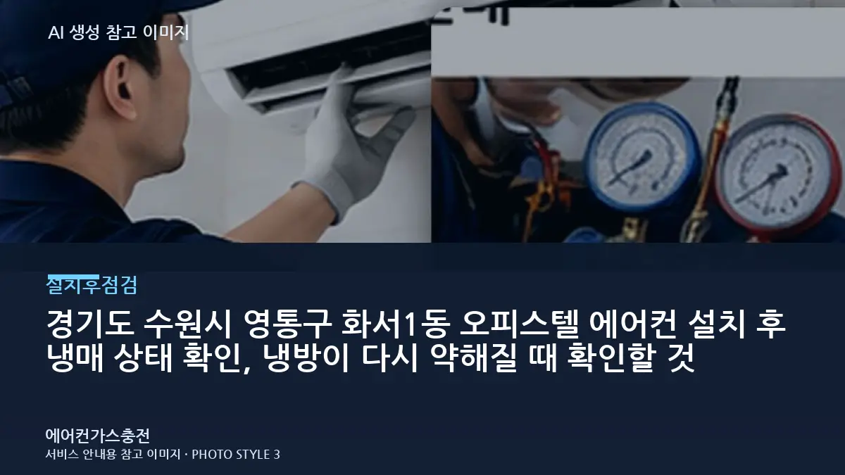 경기도 수원시 영통구 화서1동 오피스텔 에어컨 설치 후 냉매 상태 확인, 냉방이 다시 약해질 때 확인할 것
